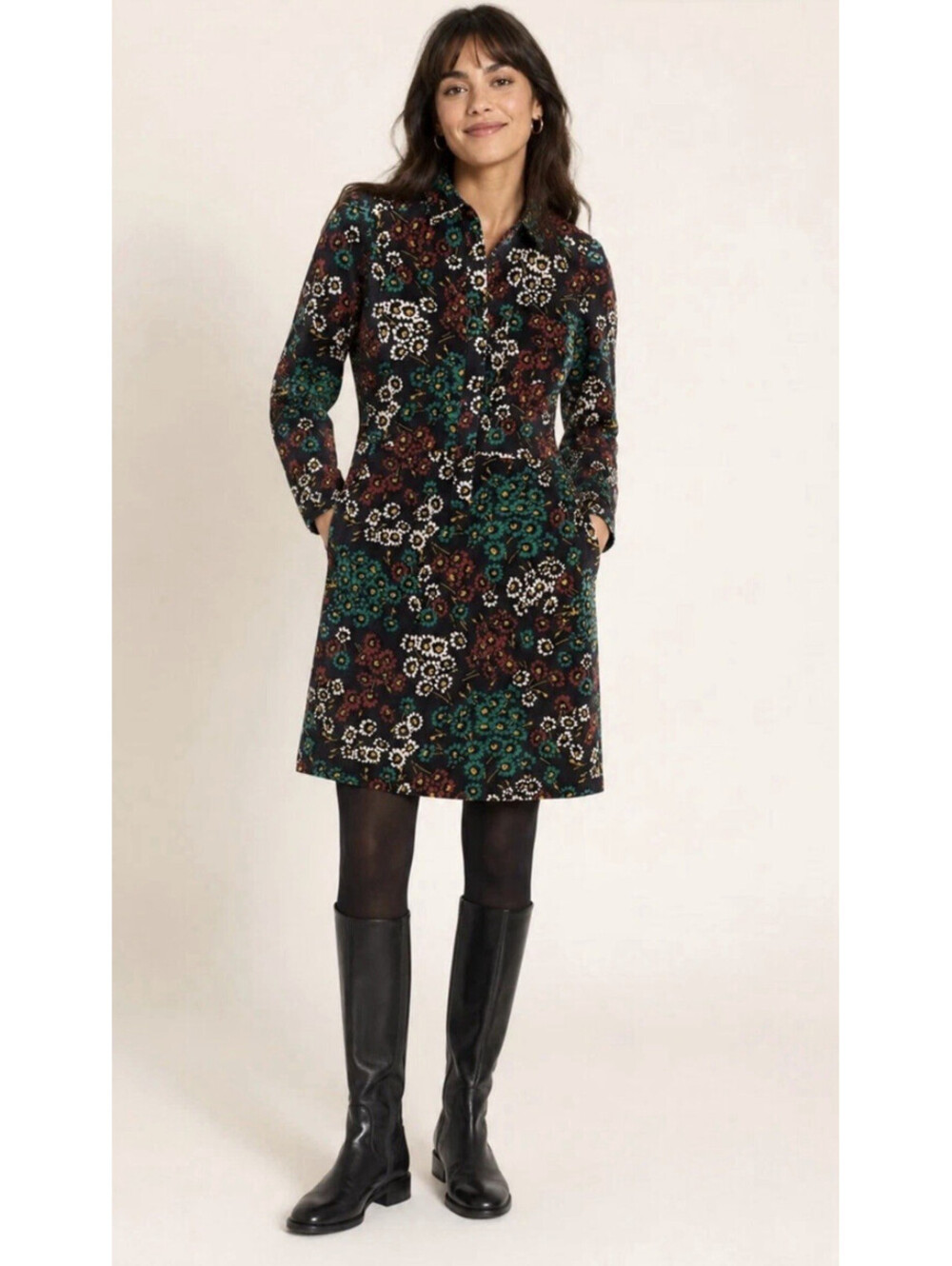 Boden Classic Floral Fine Needlecord Cotton Corduroy Retro Shirt Dress Size 10L